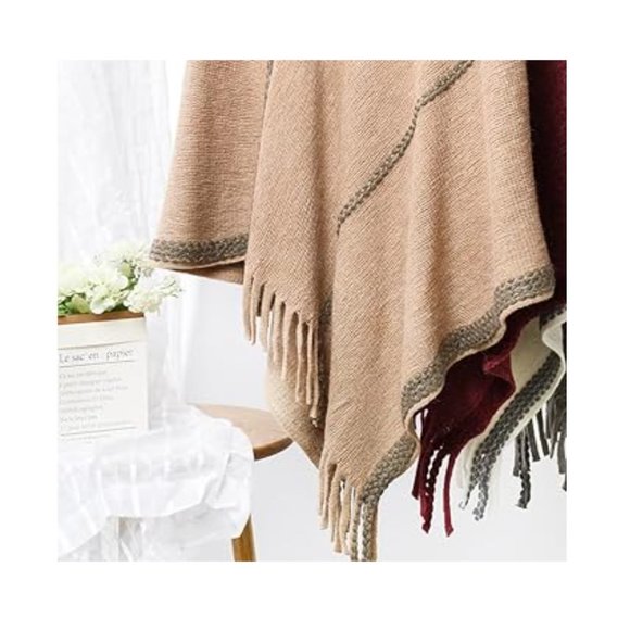 Khaki Poncho Sweater Cover Up Wrap Shawl Trendy Soft Knit Fall Fringe Womens Top - Picture 5 of 6